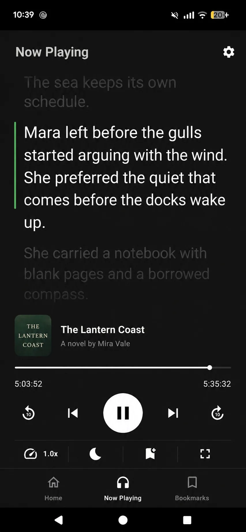 Audimore playing a downloaded audiobook with the current transcript passage highlighted.