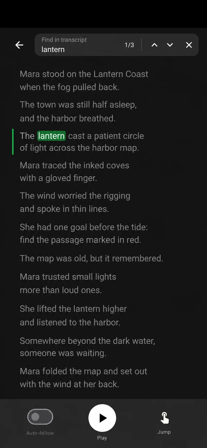 Audimore searching a synchronized audiobook transcript for the word lantern.